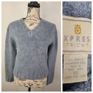 Vintage Express Sweater Womens XS Deep Pile Semi Crop Purple Blue Acrylic Mohair